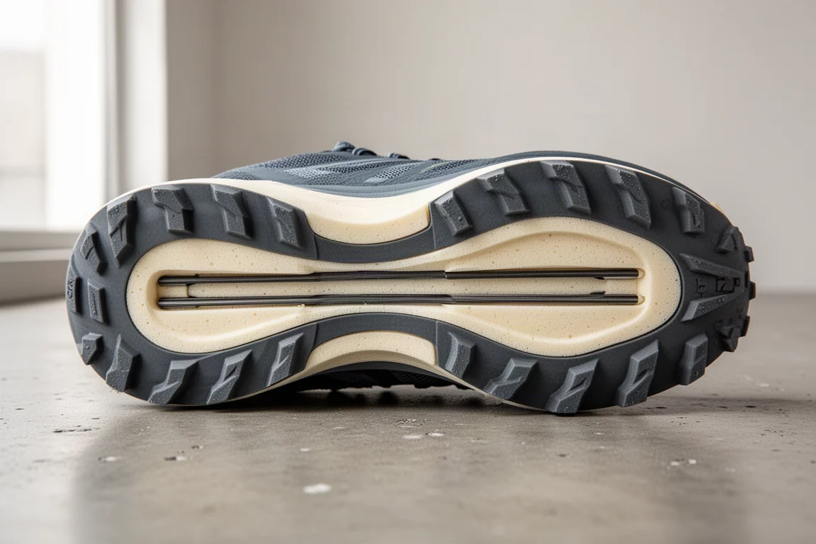 Close-up van de twee parallelle carbonplaten zichtbaar in een doorsnede van een trailzool