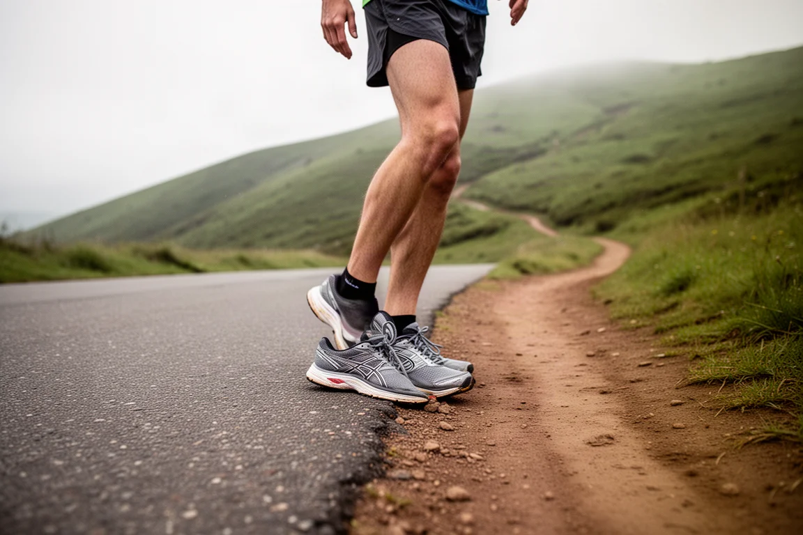 Runner bij een trailhead waar asfalt overgaat in een zandpad