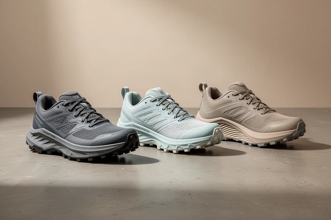 Tre scarpe da trail running con piastra allineate su una superficie di cemento