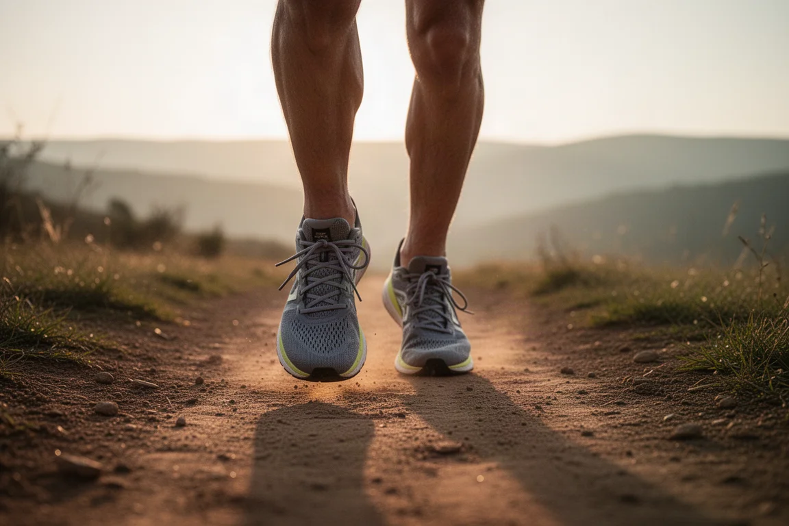 Corredor de trail atándose las zapatillas al inicio de un sendero de tierra con relieve bajo la luz de la mañana