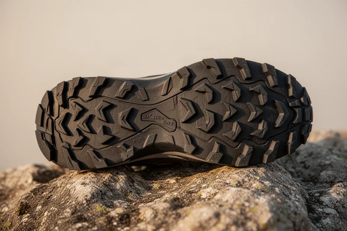 Primer plano de los tacos profundos de goma de la suela de una zapatilla de trail apoyada sobre terreno rocoso