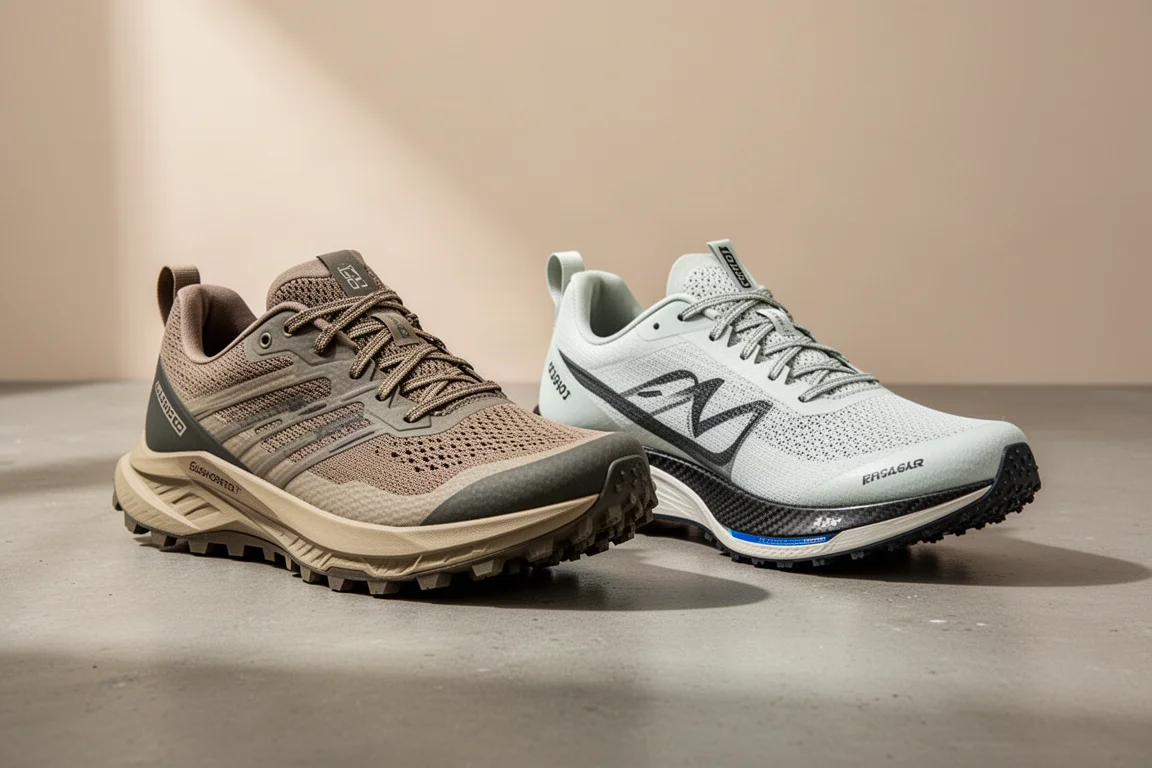 Hoka Tecton X2 and Speedgoat 5 trail shoes side by side on concrete