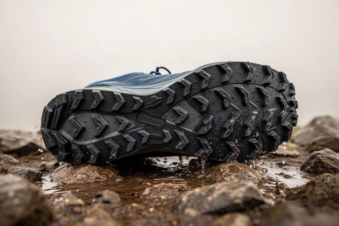 Gros plan sur la semelle extérieure d'une chaussure de trail aux crampons profonds sur terrain rocheux