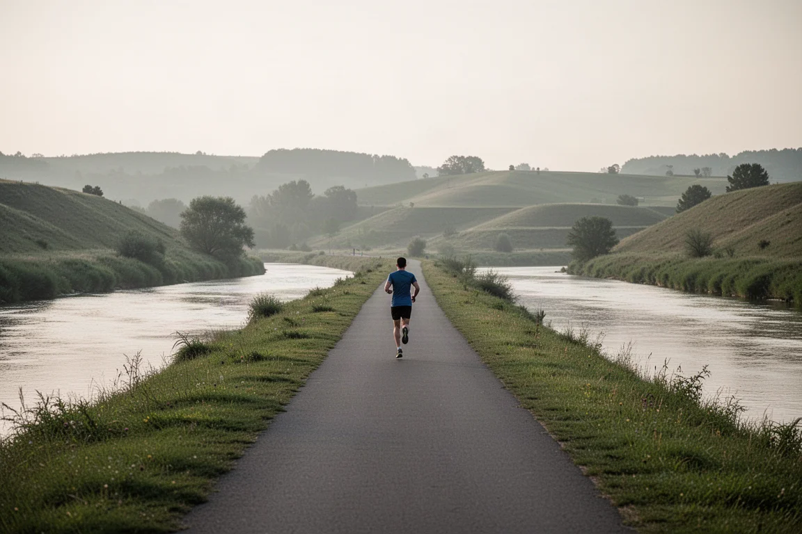 Coureur sur un long sentier roulant au bord de la rivière s'étendant à l'horizon
