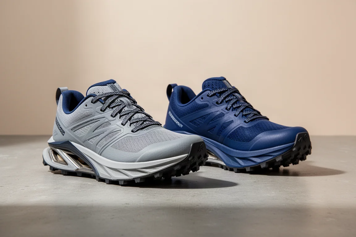 Two Hoka trail running shoes side by side on a concrete surface