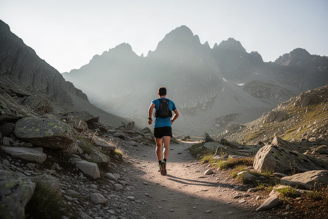 Trail runner su un sentiero di montagna roccioso con cime alpine sullo sfondo