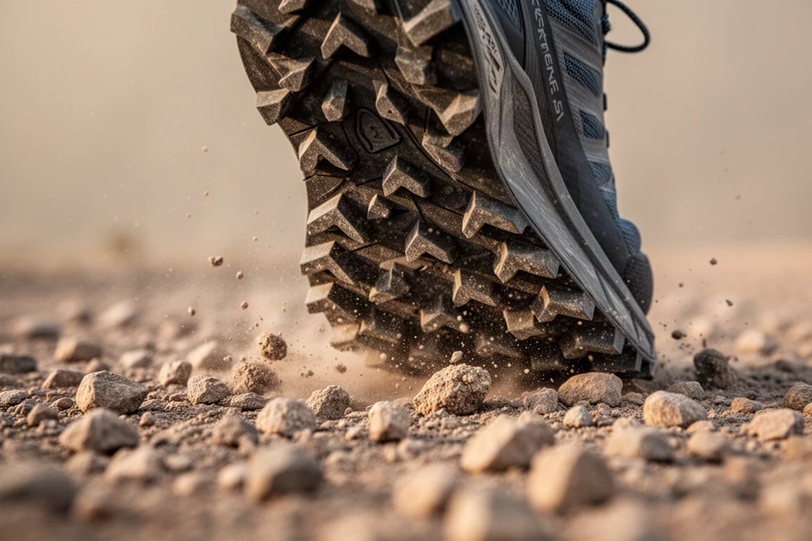 Primo piano dei tasselli profondi della scarpa da trail che mordono uno sterrato di ghiaia sciolta