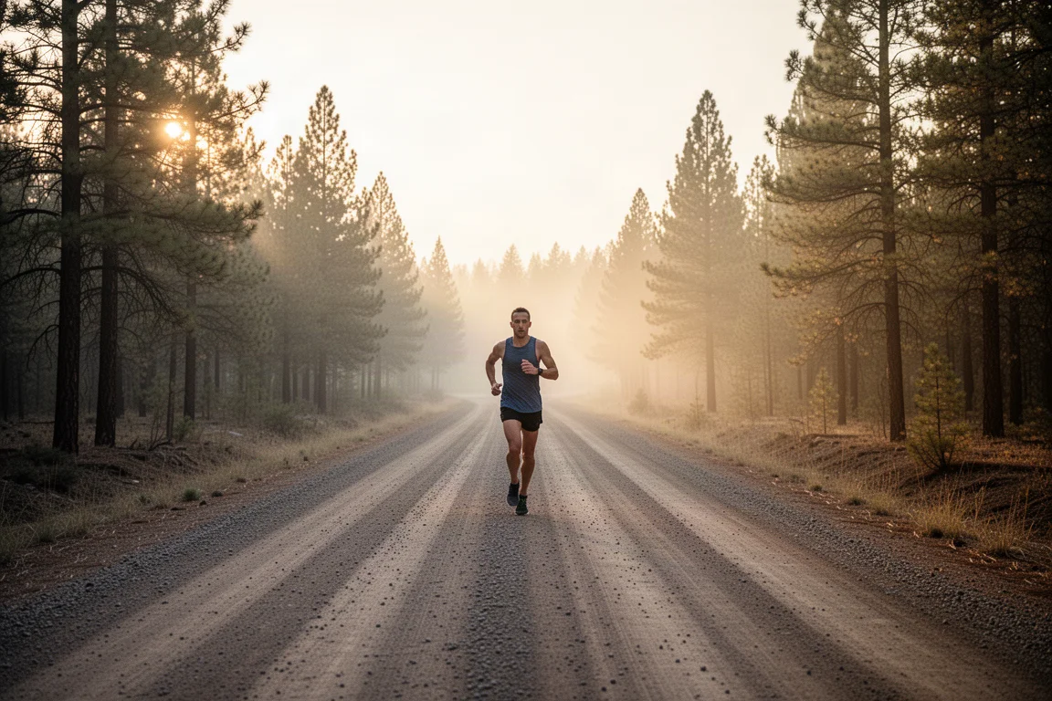 Runner che corre lungo uno sterrato di ghiaia scorrevole all'alba