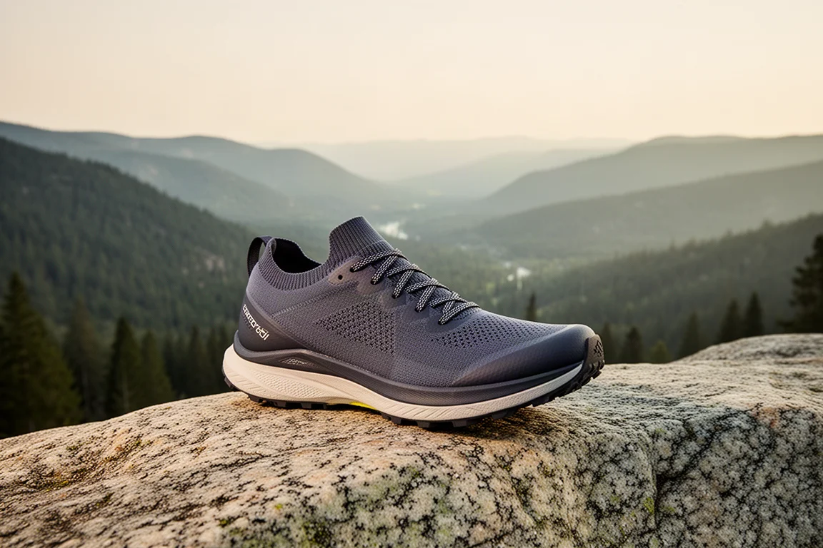 Scarpa da trail running appoggiata su una sporgenza di granito sopra una valle montana