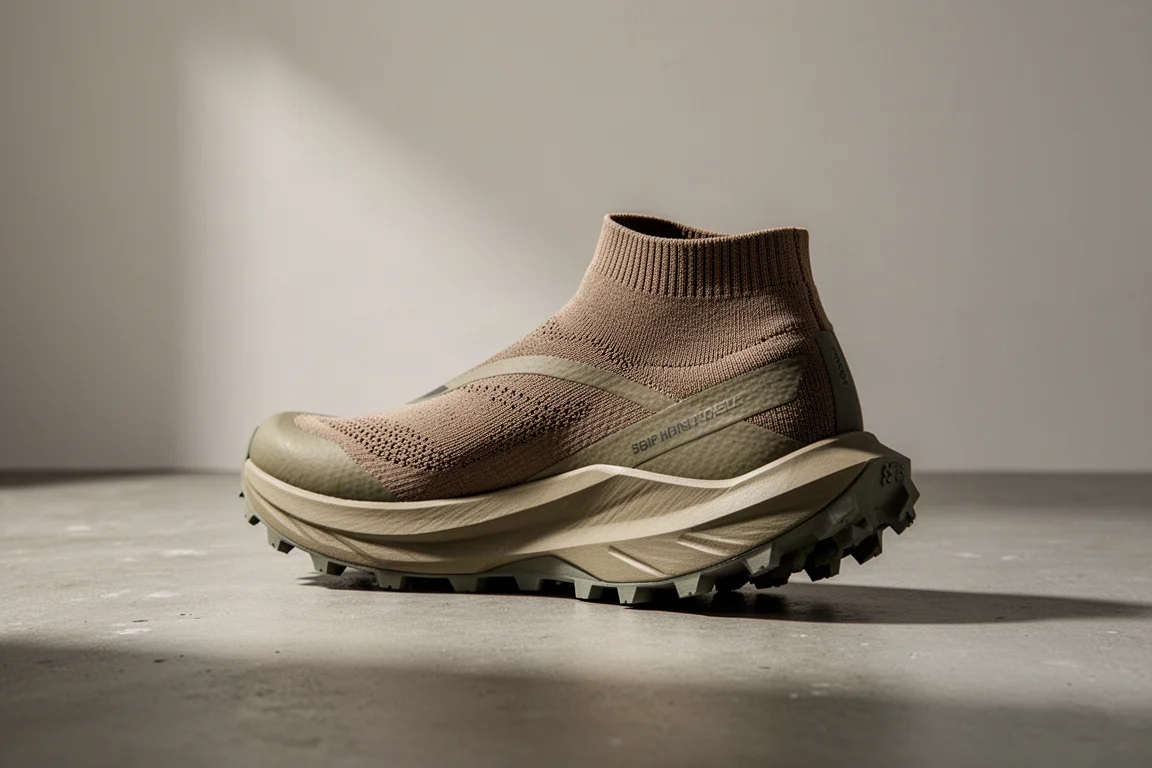 Hoka Tecton X3 trail running shoe with bootie upper and lugged outsole on concrete