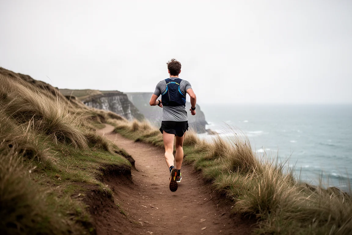Trailrunner auf verdichtetem Küstenklippenweg mit vom Wind zerzaustem Gras und Meer in der Ferne
