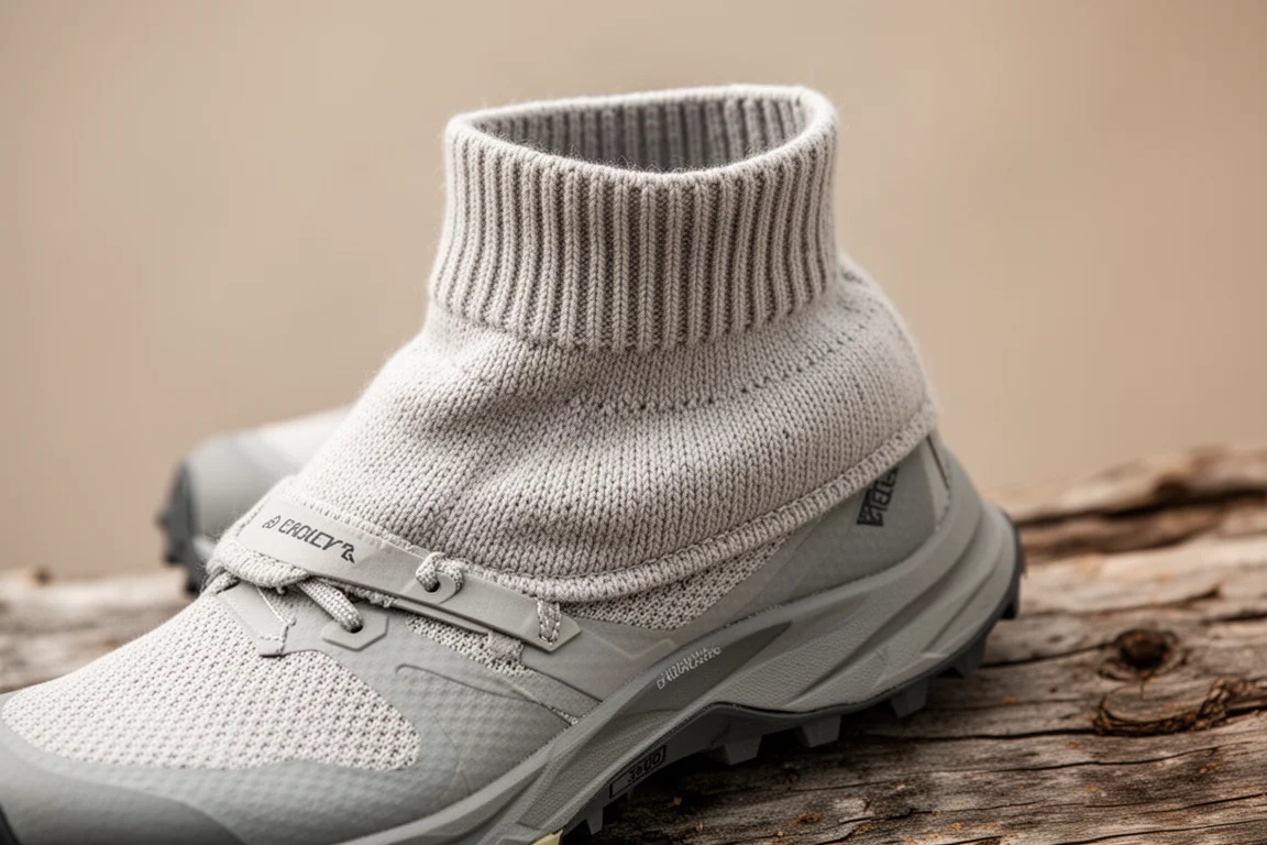 Nahaufnahme eines gestrickten Knöchelkragens an einem Trailrunningschuh