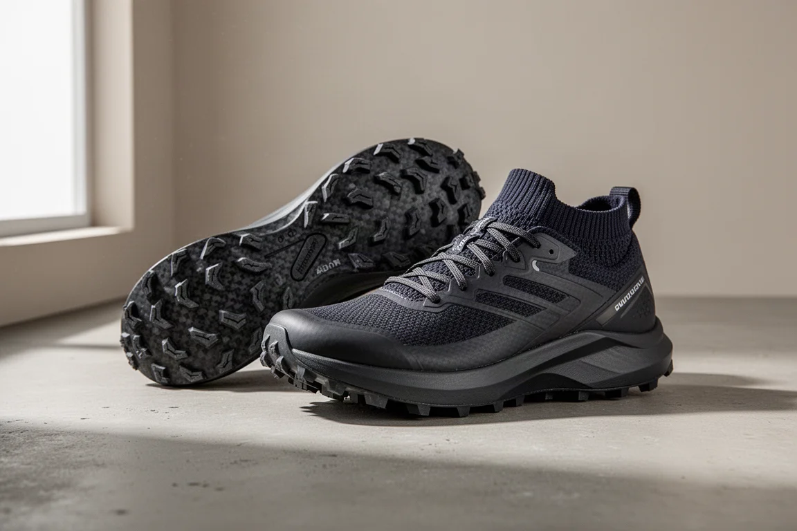 Paar Carbon-Trailrunningschuhe mit gestrickten Kragen und groben Stollen auf Beton