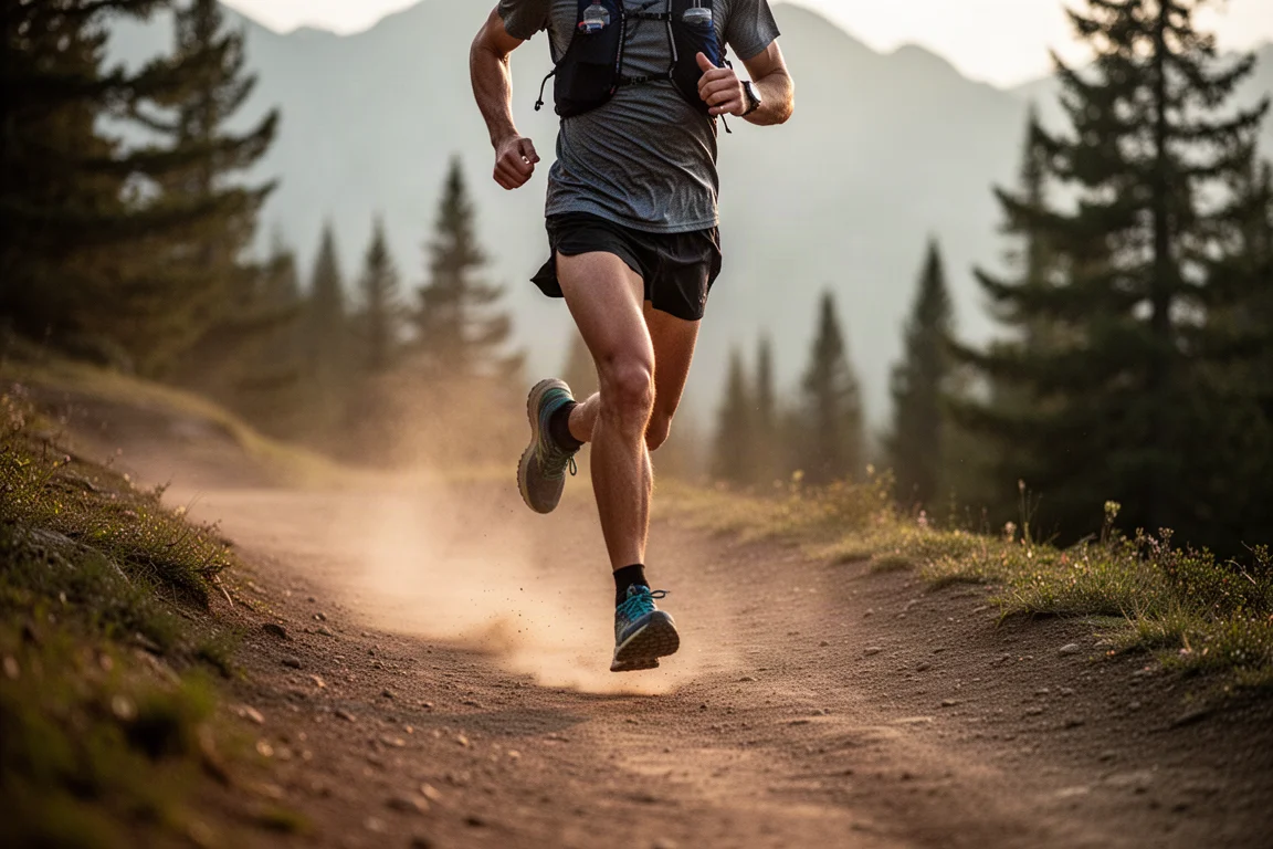 Trail runner moving fast along a smooth dirt trail with mountains in the background