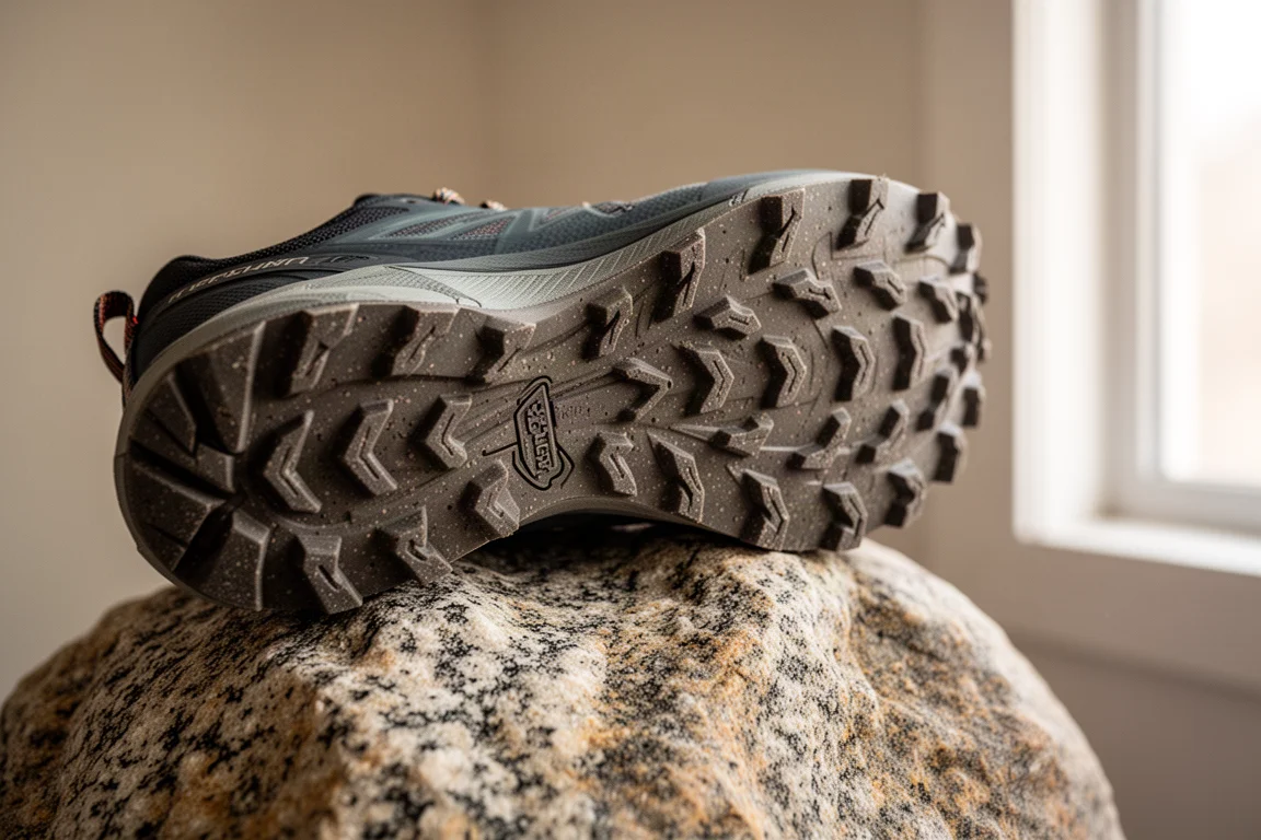 Close-up of a trail shoe outsole with deep lugs resting on rock