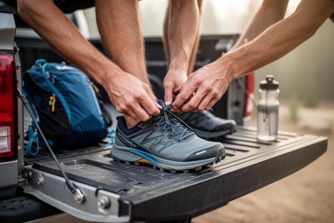 Runner tightening the laces of a trail shoe on a car tailgate before a run