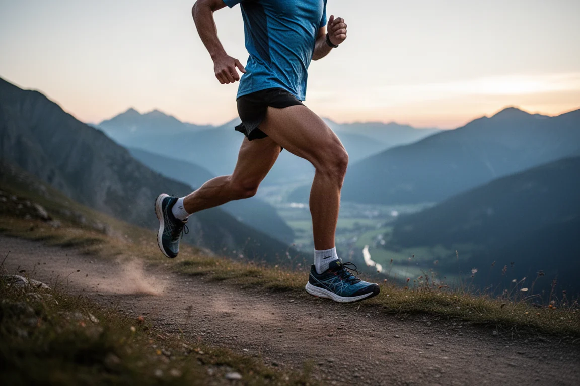 Trail runner racing down a mountain path at dawn above a valley