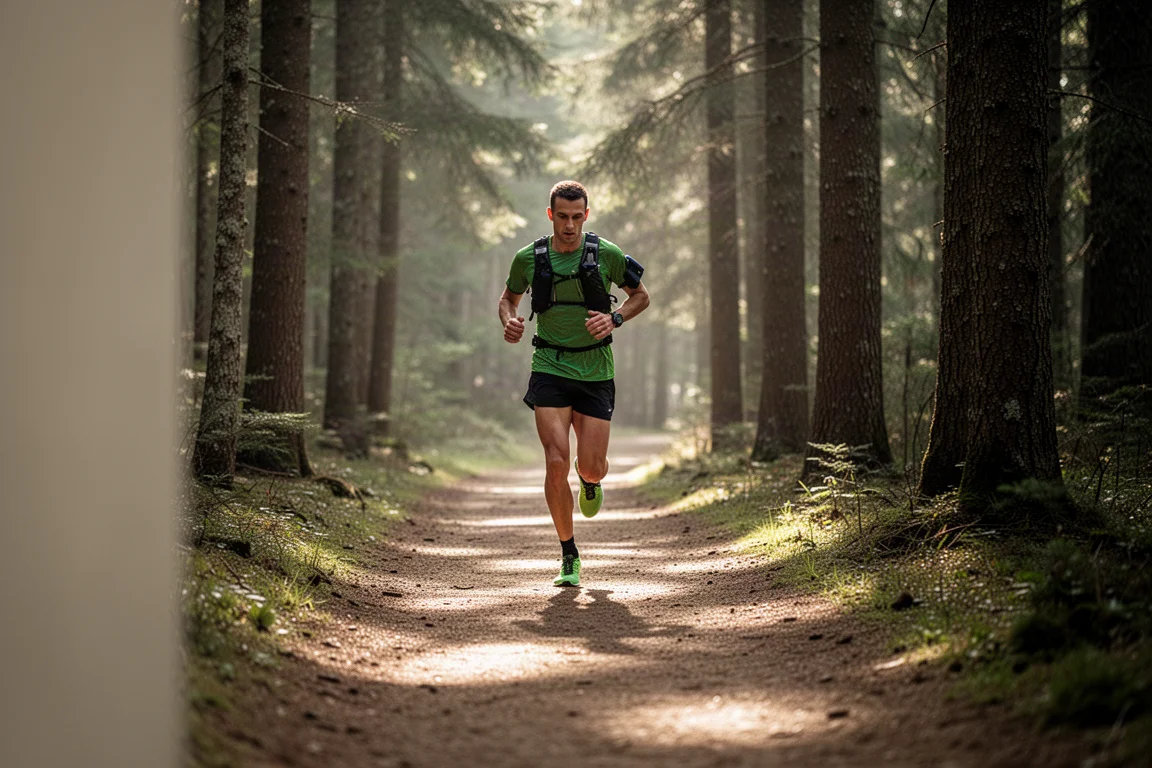 Corredor de trail dando una zancada por un sendero forestal compactado entre árboles
