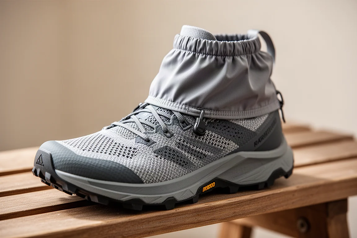 Primer plano del upper tejido de una zapatilla de trail con un cuello elástico tipo polaina