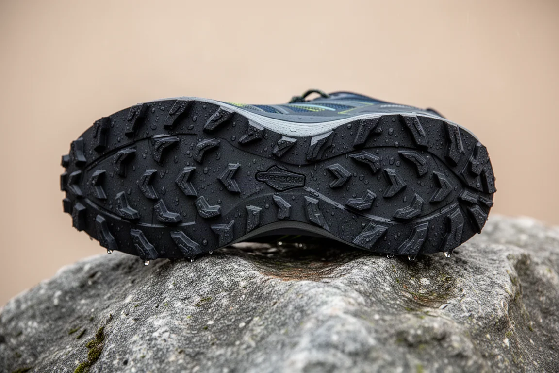 Primer plano de la suela exterior de una zapatilla de trail con tacos multidireccionales sobre una roca