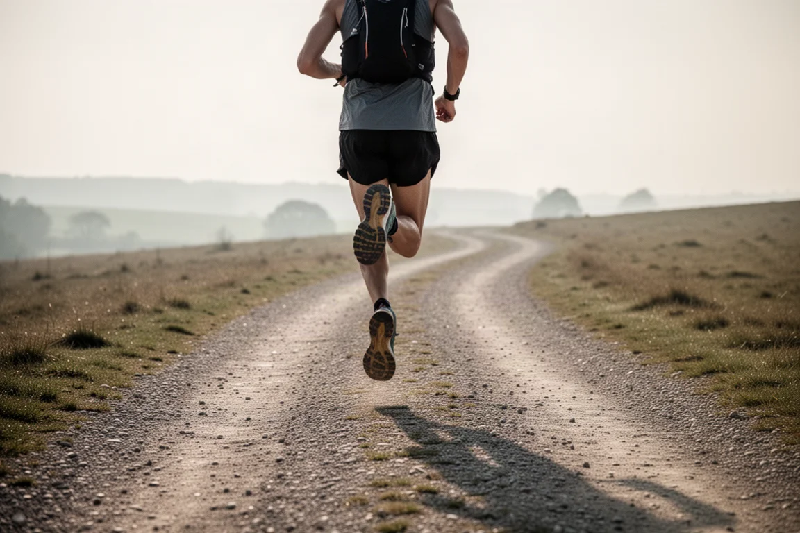 Trail runner su una larga strada ghiaiosa nella morbida luce del mattino