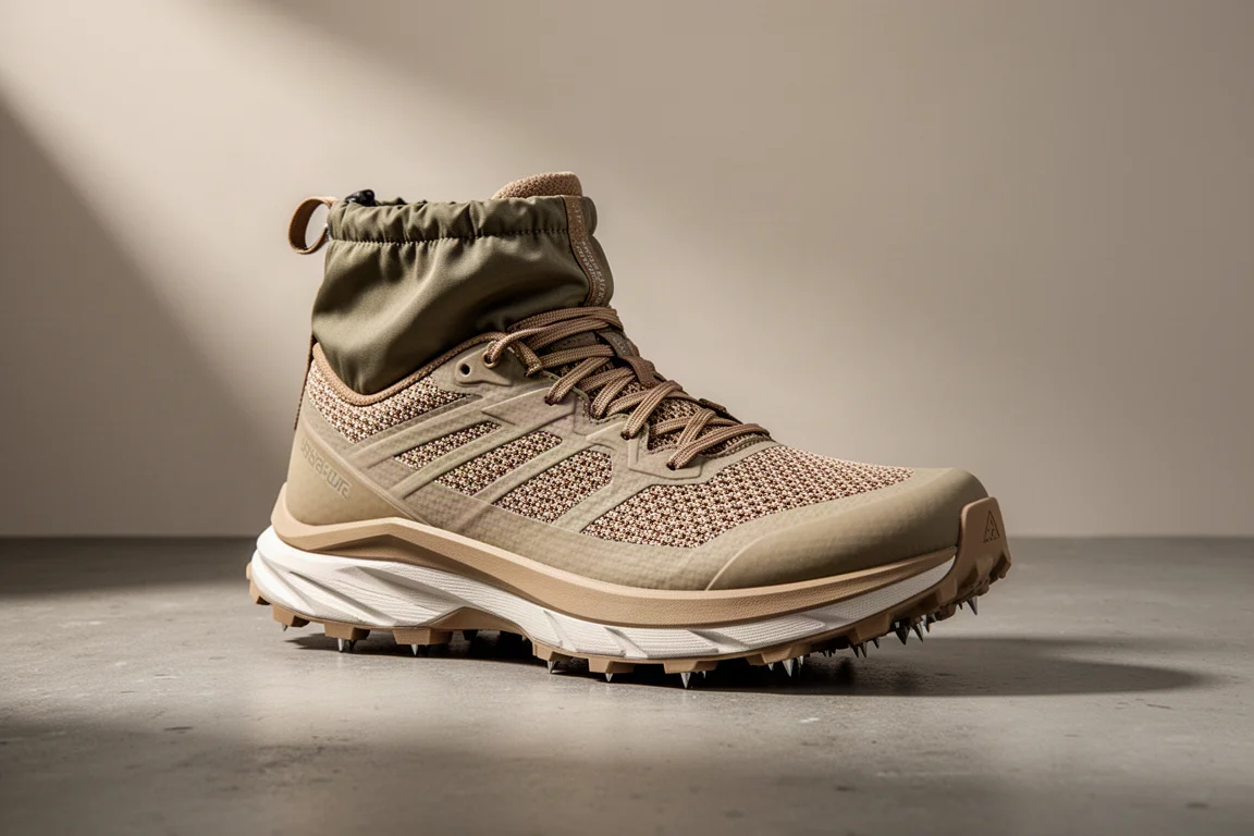 Hoka Tecton X4 trail running shoe with high stack and built-in gaiter on concrete