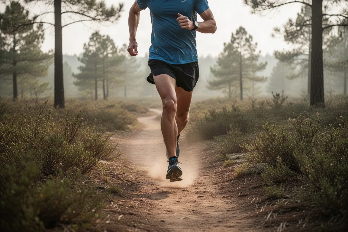 Trail runner che corre su un sentiero sterrato nella luce soffusa del mattino