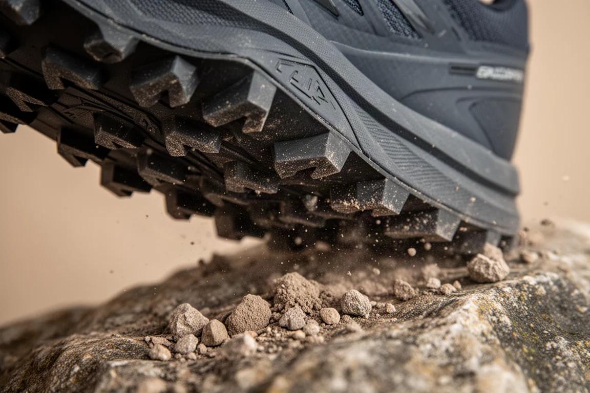 Primo piano dei tasselli della suola di una scarpa da trail che aderisce a terreno roccioso