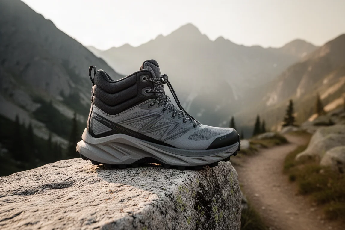 Scarpa da trail con ammortizzazione maximal appoggiata su una sporgenza di granito accanto a un sentiero di montagna