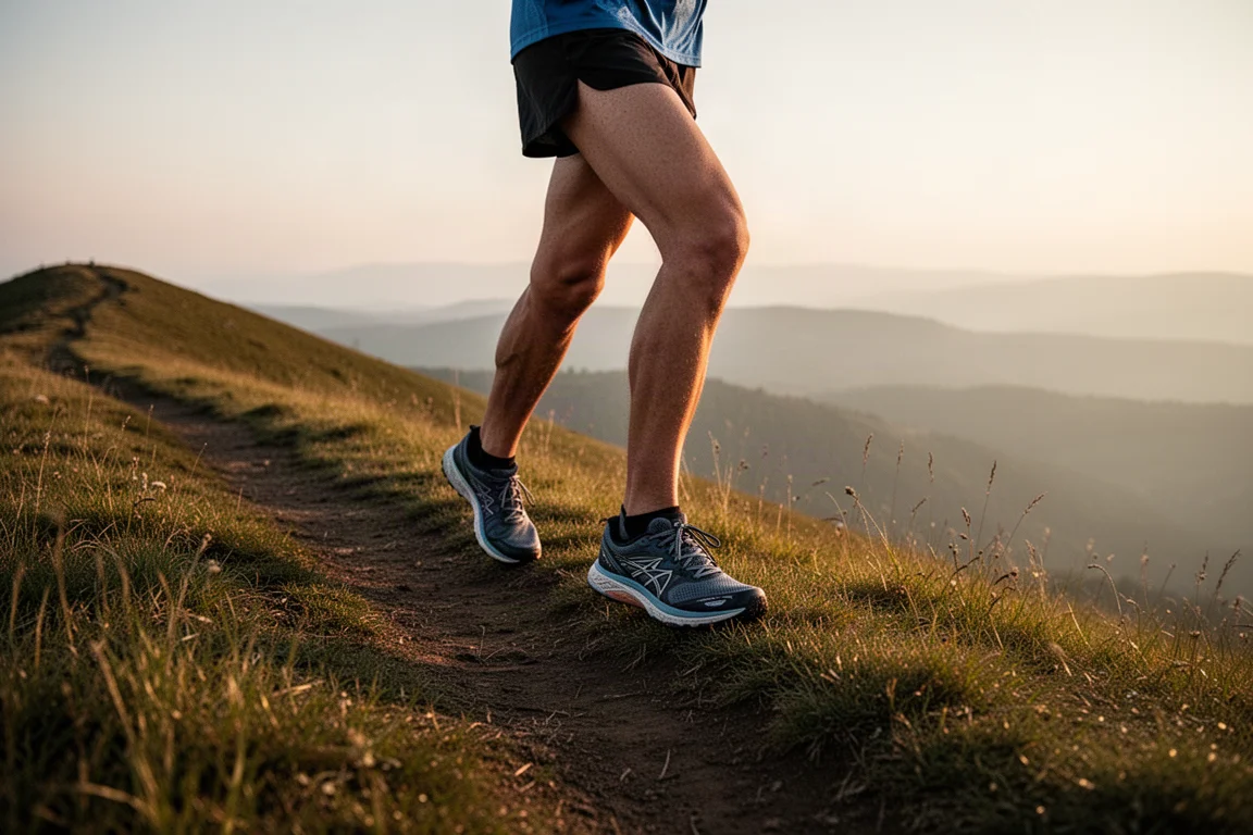 Trail runner in pausa su un crinale con colline ondulate sullo sfondo