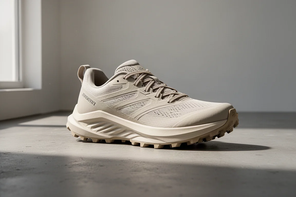 Low-profile trail running shoe with sculpted foam midsole on concrete