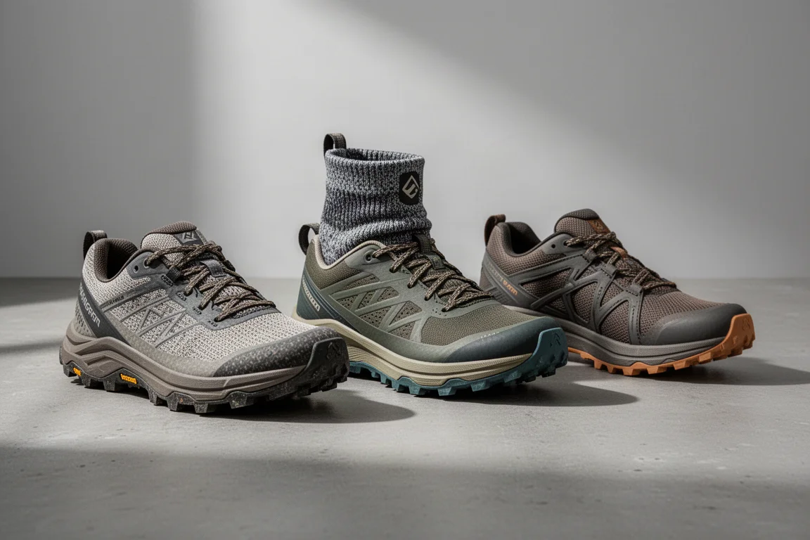 Three Hoka trail running shoes from the 2024 lineup on a concrete surface