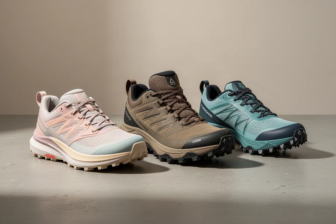 Three Hoka trail shoes lined up on a concrete surface