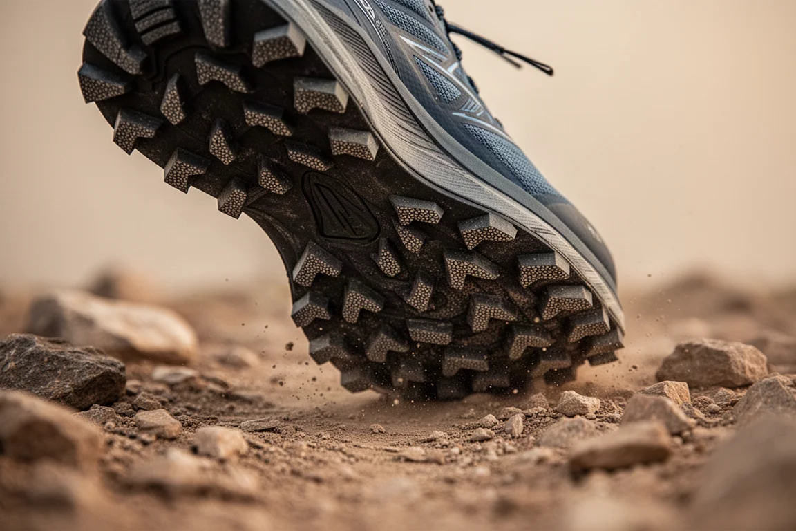 Primer plano de los tacos agresivos de una zapatilla de trail agarrándose a una superficie rocosa