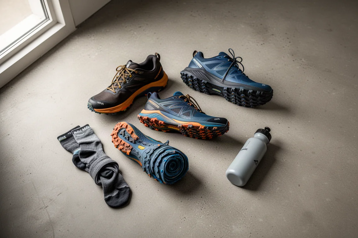 Vista cenital de tres zapatillas de trail running y equipo sobre suelo de hormigón
