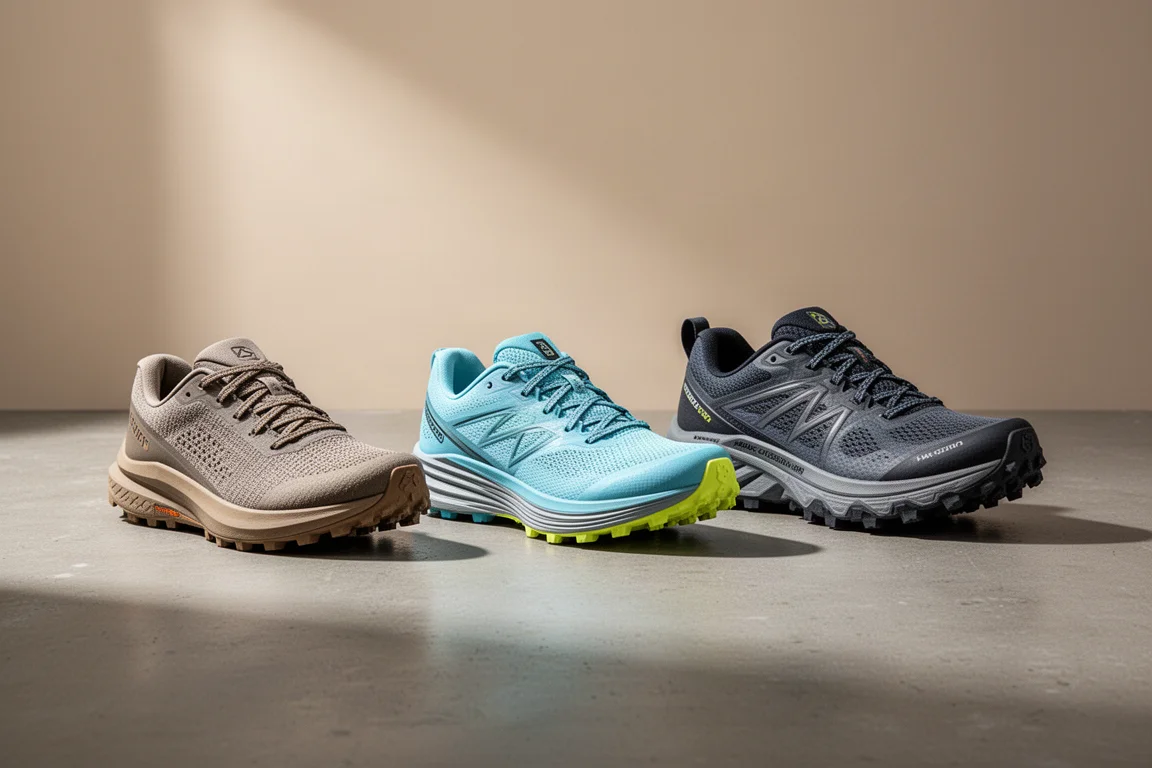 Three Hoka trail running shoes arranged in a row on a concrete surface