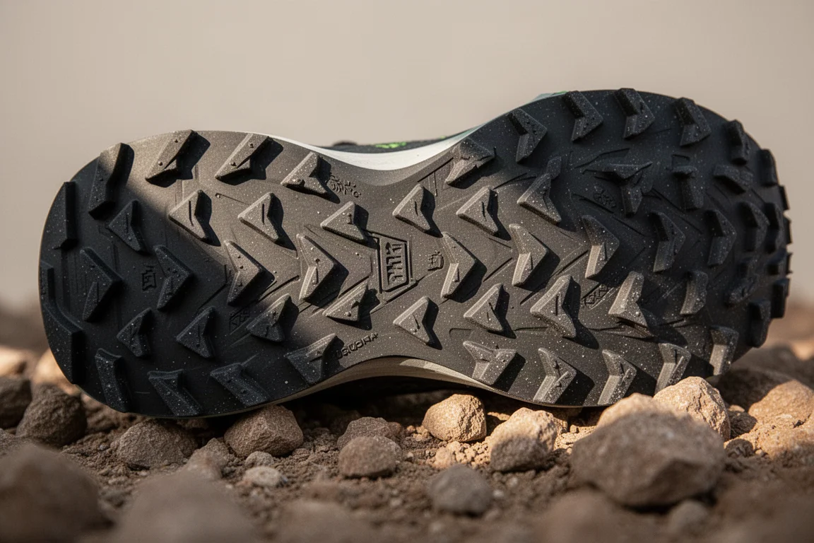 Gros plan sur la semelle extérieure d'une chaussure de trail avec crampons de 4 mm posée sur un terrain rocheux