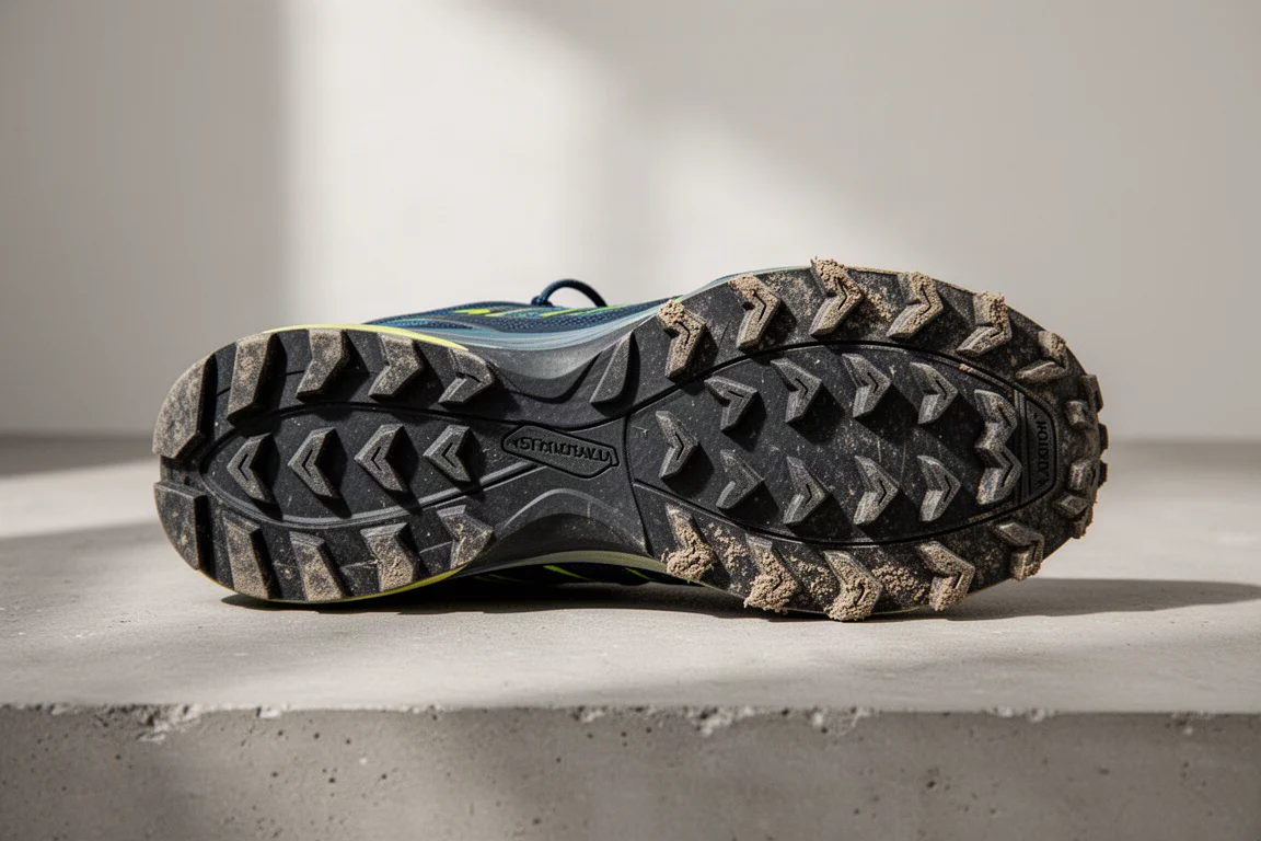 Semelle extérieure usée d'une chaussure de trail montrant l'usure des crampons en périphérie après 100 miles