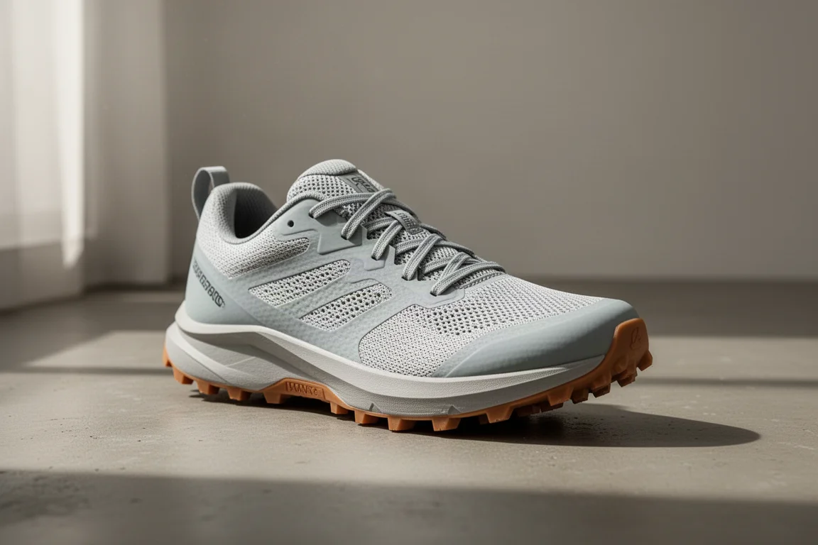 Hoka Zinal trail running shoe in three-quarter view on a concrete surface