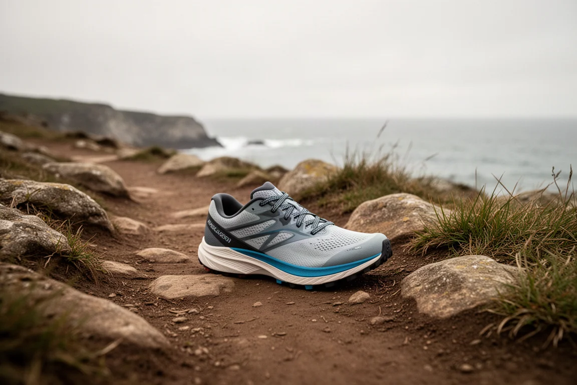 Trail running shoe resting on rocky coastal trail terrain in soft light