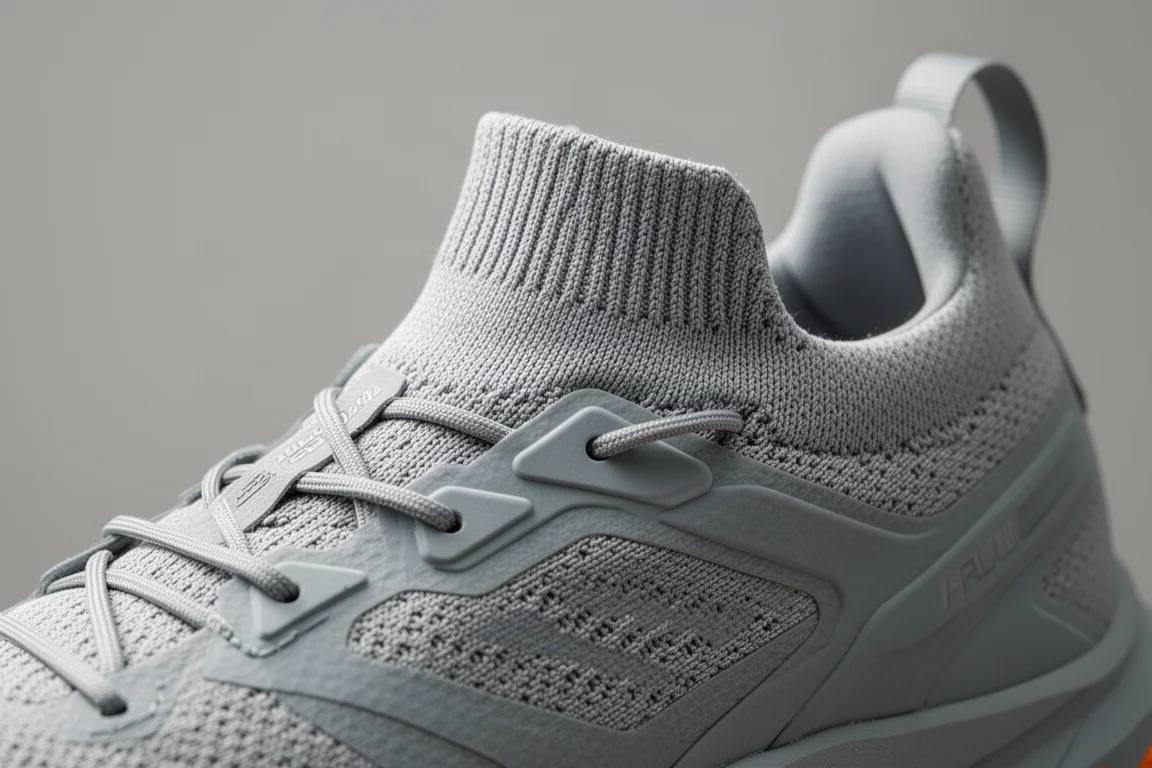 Close-up of the bootie-style upper and knitted ankle collar of a trail shoe