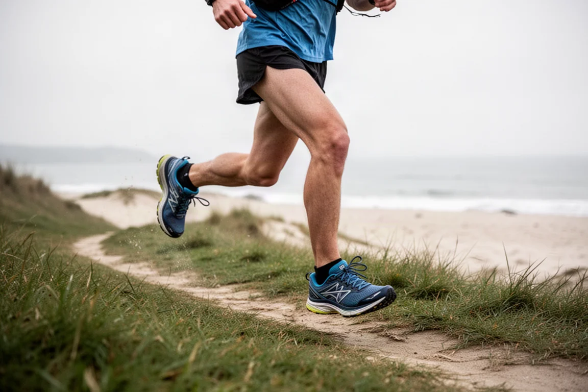 Runner striding over a grassy and sandy coastal trail at steady pace