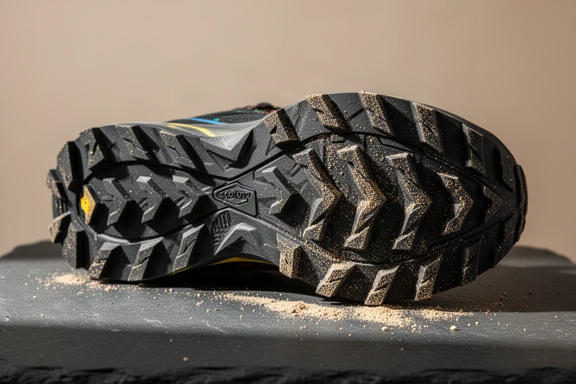 Close-up of deep five-millimetre outsole lugs coated in trail dust