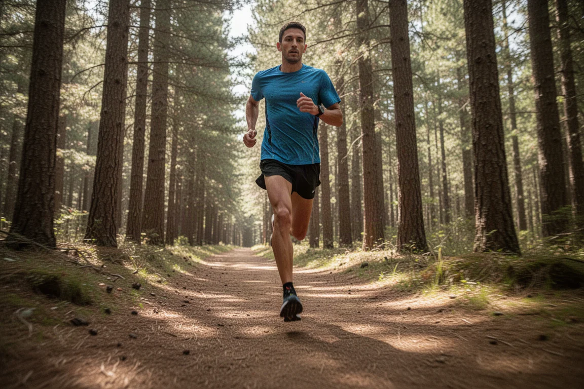 Trail runner che corre velocemente lungo un sentiero forestale compatto