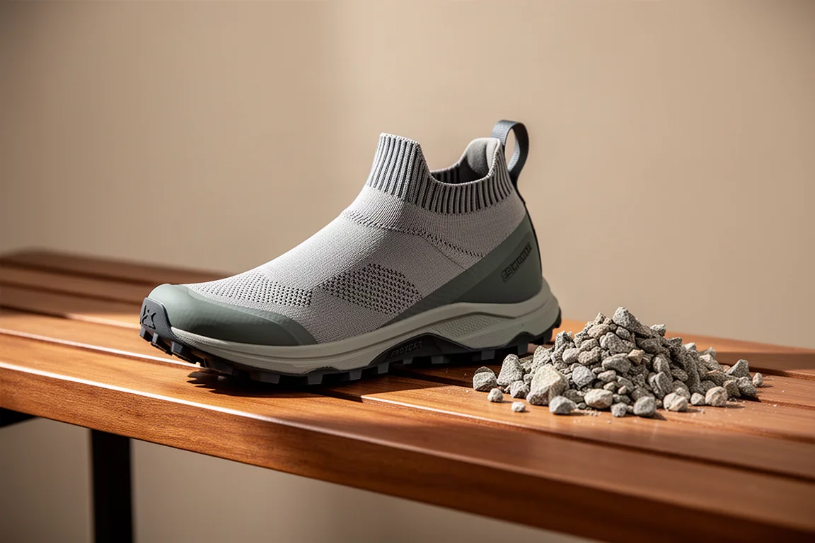 Tomaia stretta di una scarpa da trail con colletto in maglia elasticizzata tipo calzino su una panca di legno