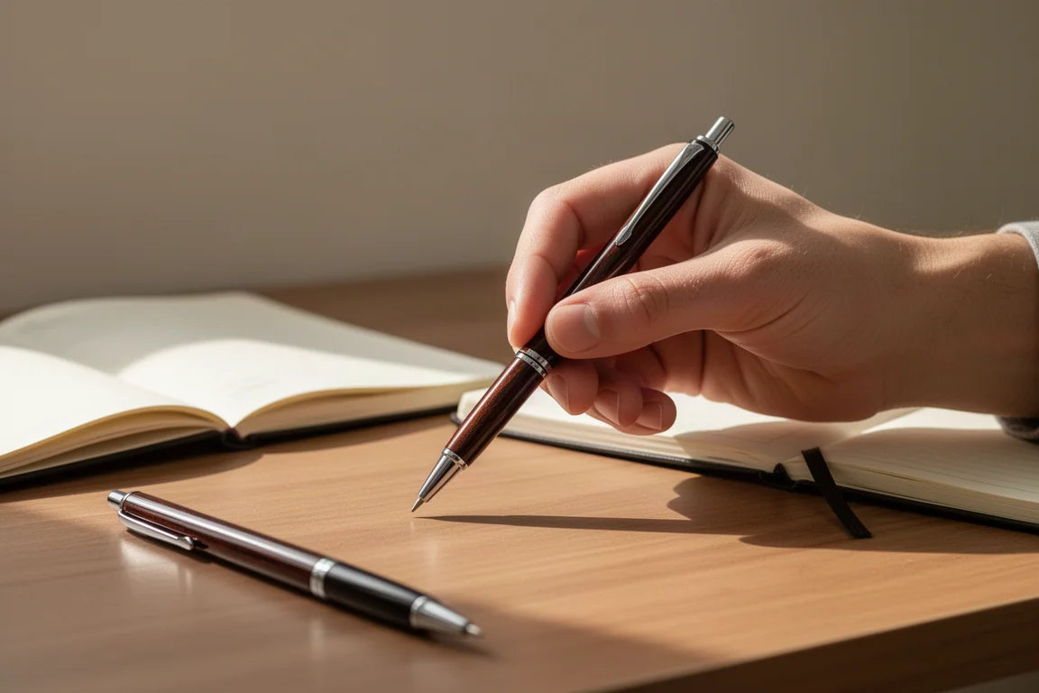 Une main saisissant un porte-mine sombre laqué de style crayon sur un bureau en bois