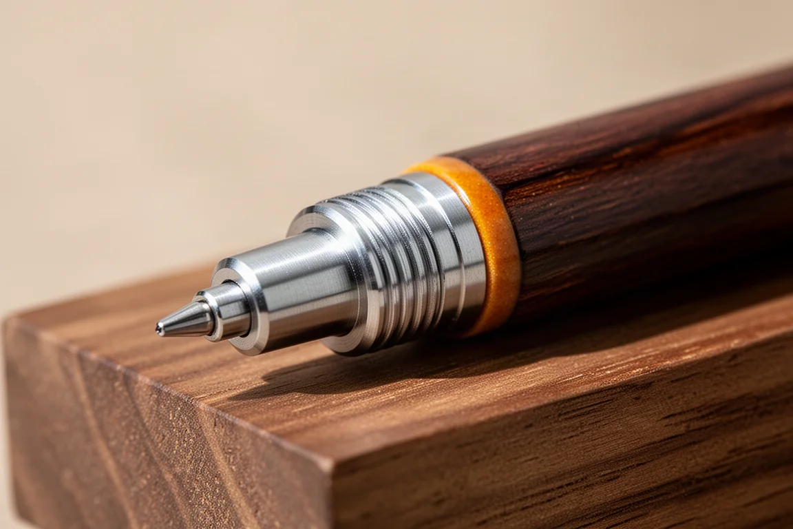 Détail macro d'une bague métallique de style crayon et de son mécanisme poussoir