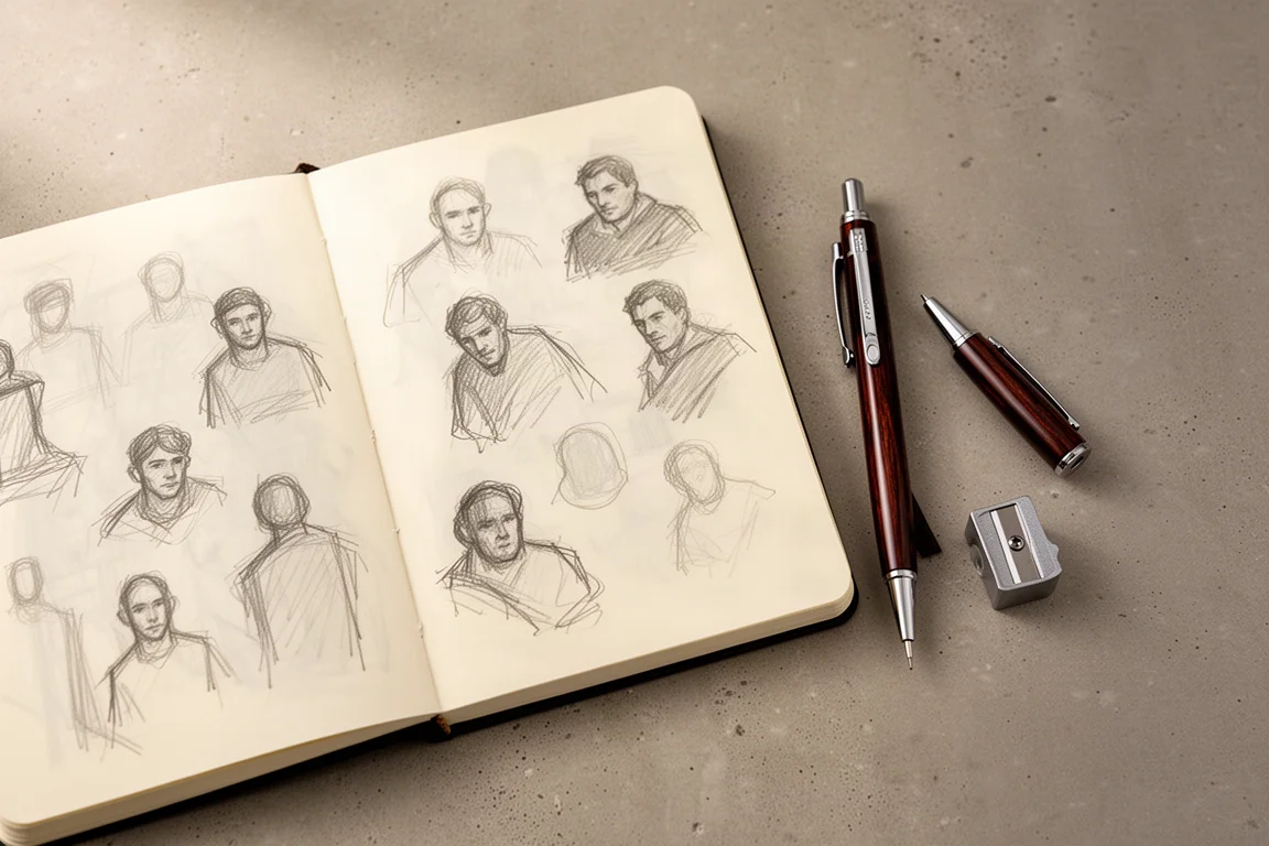Carnet de croquis aux dessins spontanés à côté d'un crayon laqué sombre sur béton