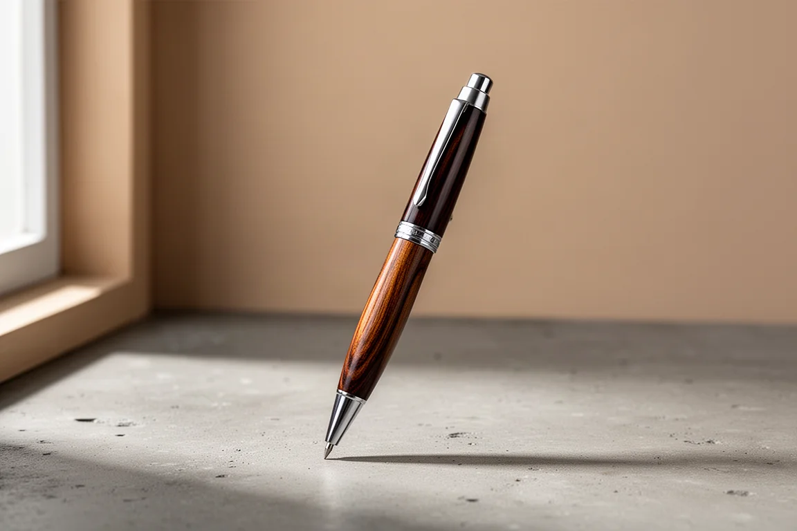 Dark lacquered pencil-style mechanical pencil standing on a matte concrete surface
