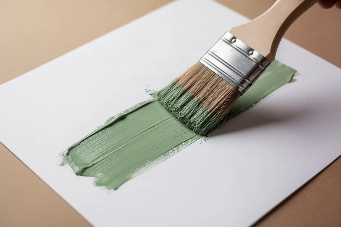 Pinceau plat posant un aplani vert opaque sur du papier blanc